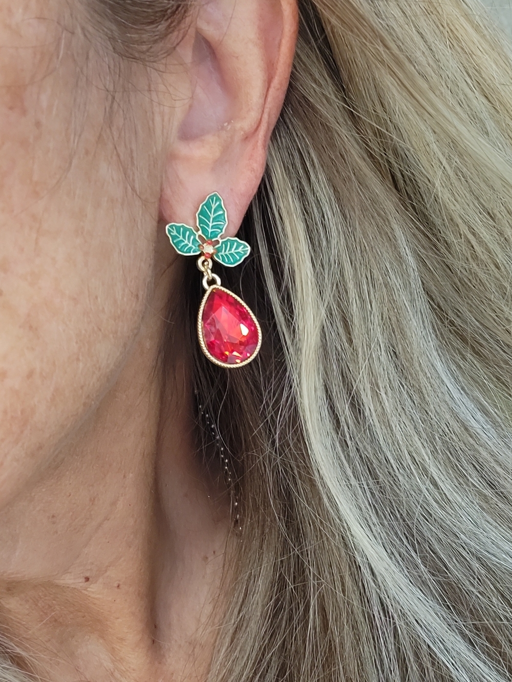 Vintage Holiday Green Holly Leaf and Red Sparkle Teardrop Drop Earrings - Picture 3 of 7
